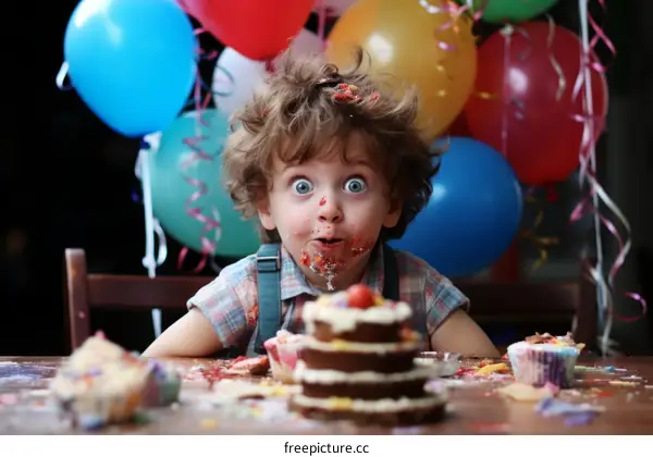 toddler covered in cake frosting with wide eyes looking at the camera