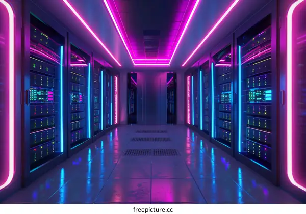 futuristic server room with colorful neon lights