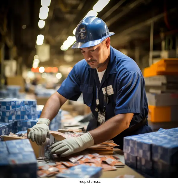 Hispanic man wearing hardhat working in distribution warehouse