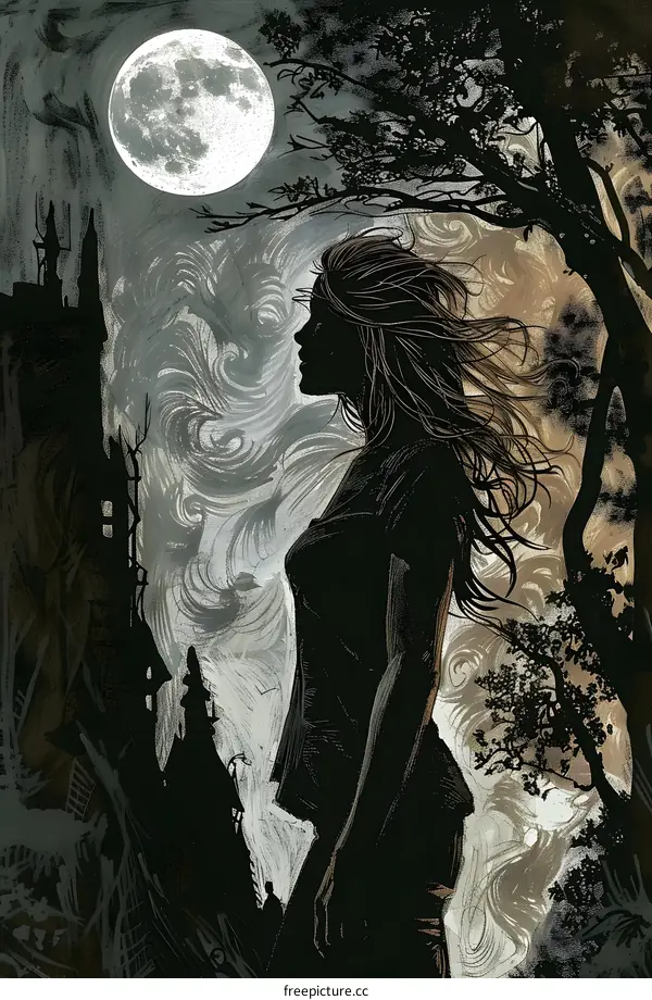 Silhouette of Woman Standing in Front of a Full Moon