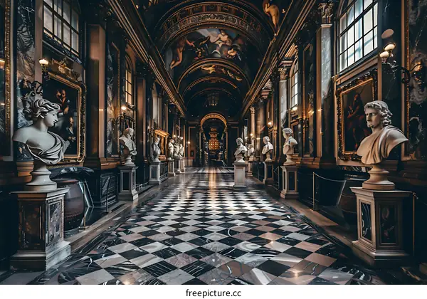 Marble Statues Lined in a Historic Hallway