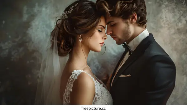 A newlywed couple share a passionate kiss at their wedding.