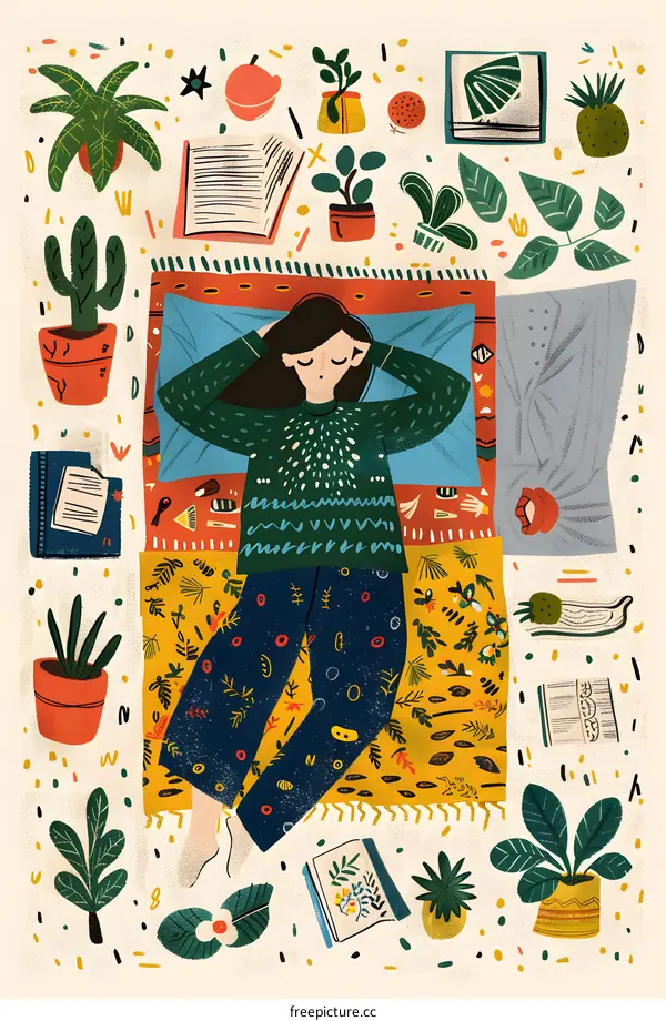 Woman Sleeping In Bed Surrounded By Plants and Books