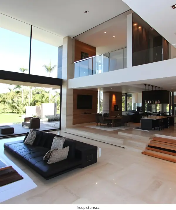 Modern Interior Design of a Luxurious Living Room with Large Windows and a Balcony