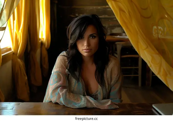 Portrait of a young woman sitting at a table and looking at the camera