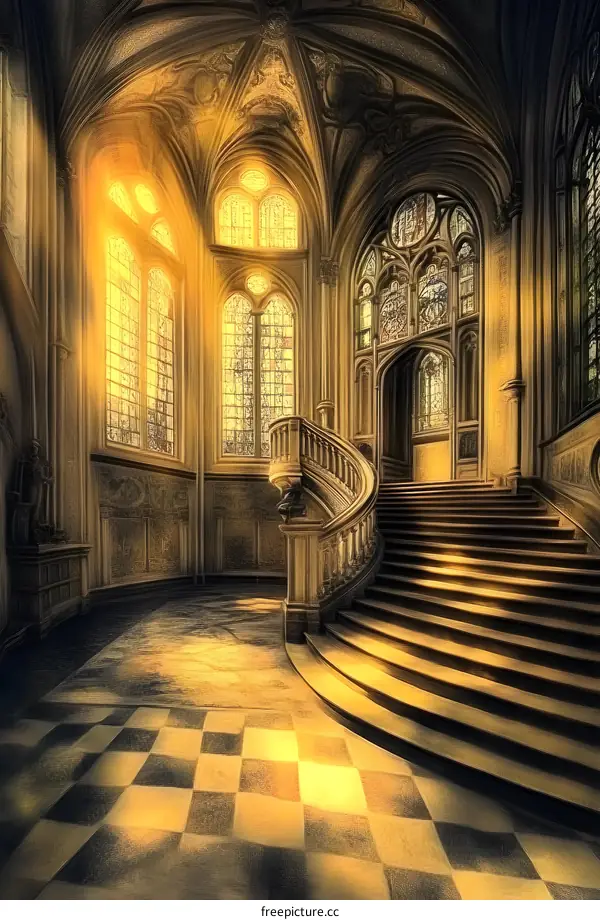 Grand Staircase in an Old Church with Stained Glass Windows