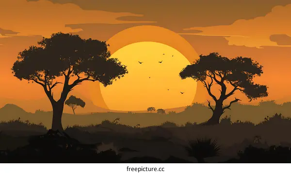 Silhouette of Trees and Sunset in Africa