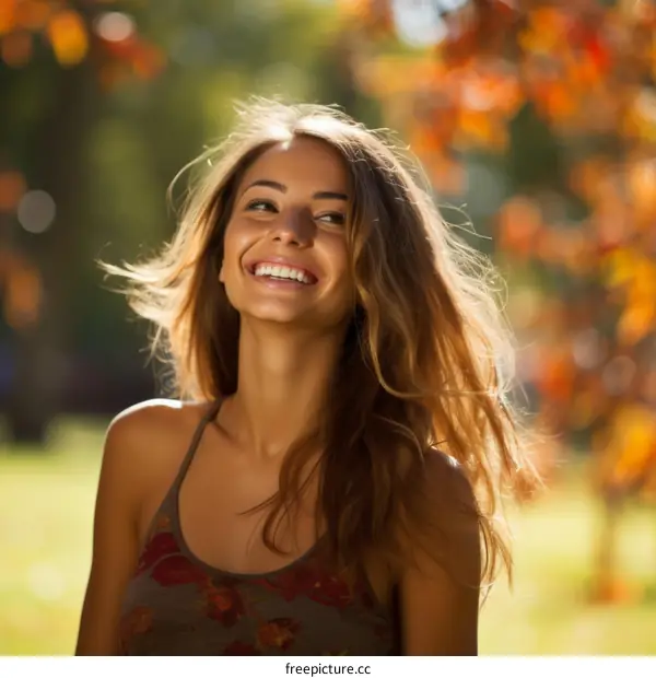 Beautiful young woman smiling happily in a park with autumn leaves in the background