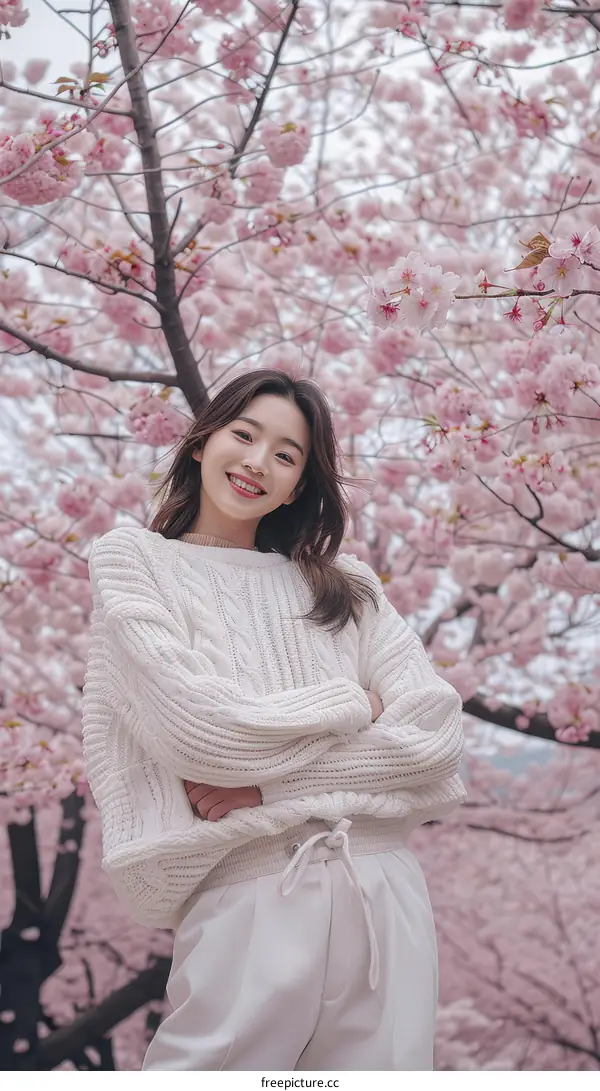 A young woman standing in a field of cherry blossoms