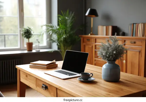 Cozy Home Office Workspace with Laptop