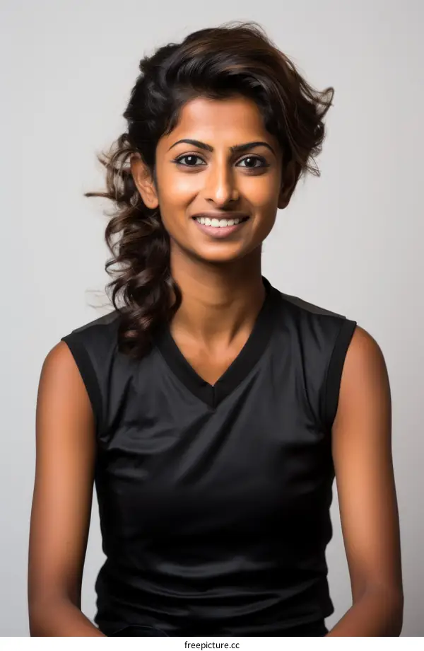 Studio portrait of a young Indian woman smiling wearing sportswear