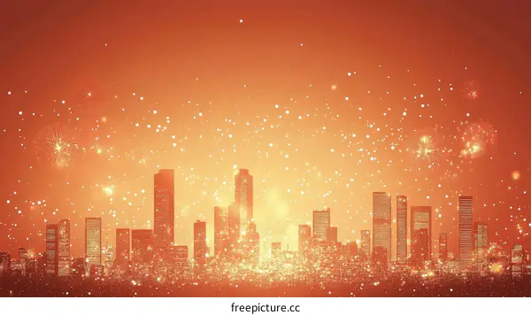 Cityscape Fireworks Celebration at Night