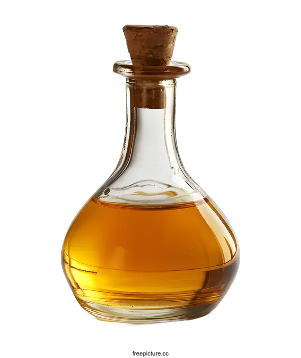 [Transparent Background PNG]Close-up of a small glass bottle with cork stopper filled with amber liquid on white background