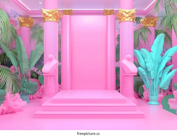 Pink Tropical 3D Rendered Room With Columns And Stage