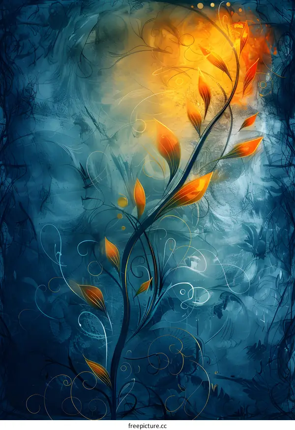 Golden Floral Flourish on Blue Abstract Background