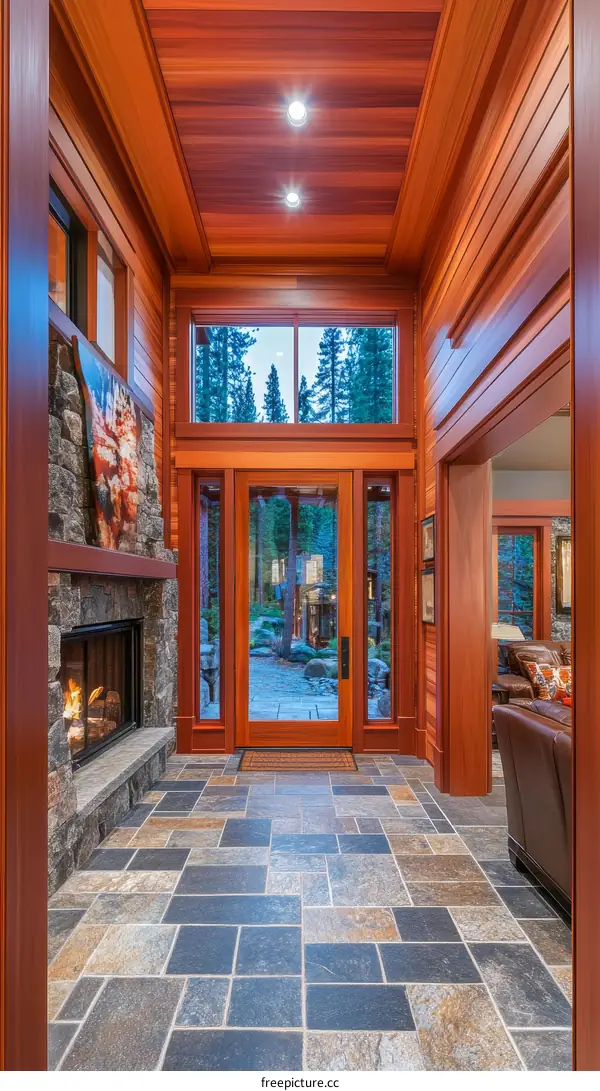 Modern Wooden Entryway with Stone Flooring