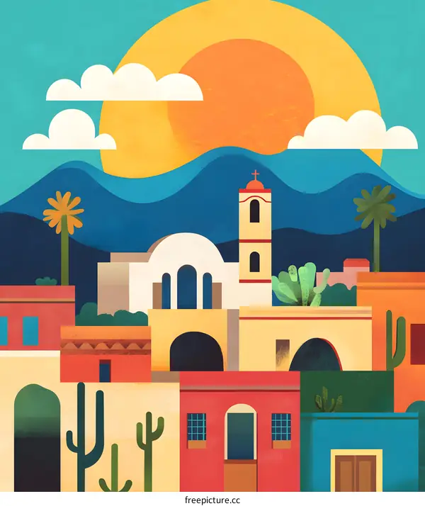 Sunset Over Colorful Mexican Village