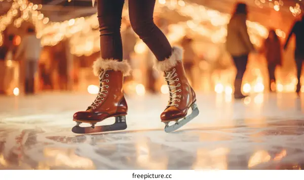 Person ice skating on a rink with blurred lights in the background