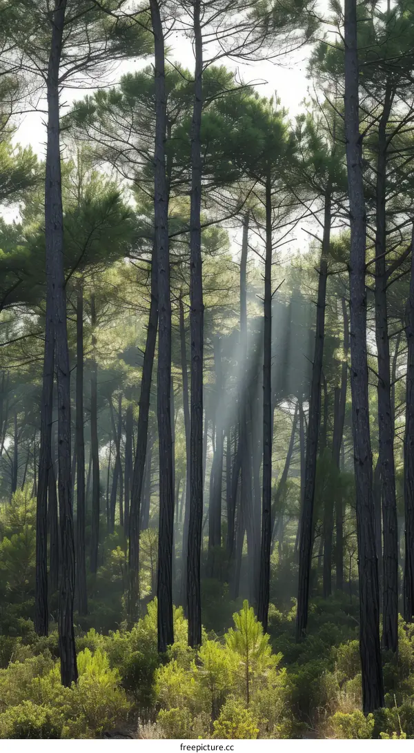 Pine forest with sun rays shining through the trees