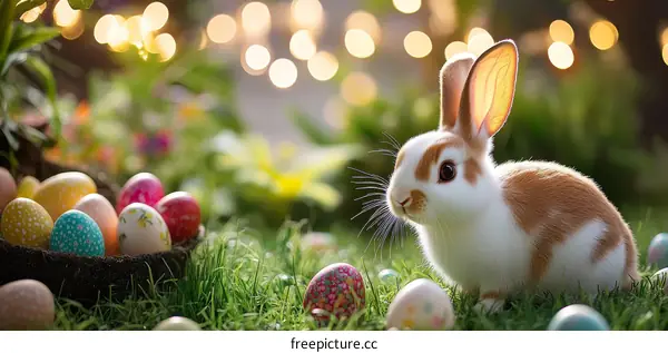 Adorable Easter Bunny surrounded by colorful eggs
