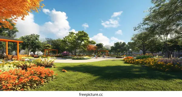 Beautiful Green Park with Flowers and People