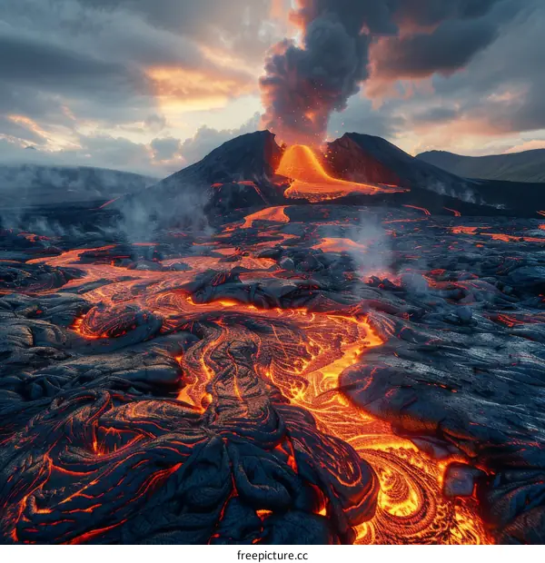 Molten Lava Flowing from an Active Volcano