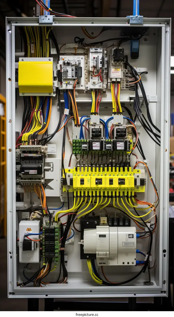 Industrial electrical control panel with circuit breakers and fuses