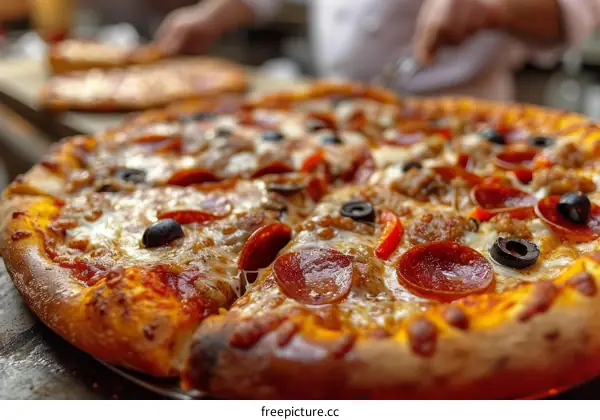 A delicious pizza with pepperoni, olives, and peppers