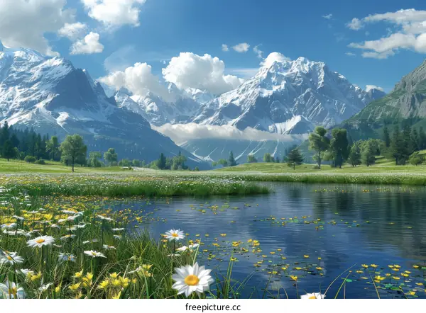 Majestic Mountain Landscape with Lake and Flowers