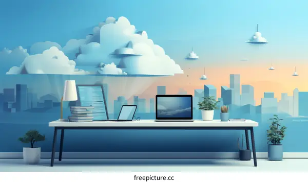 Blue and White Home Office with Desk and Computer