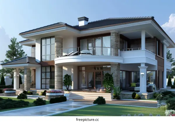 A 3D rendering of a beautiful house with a pool