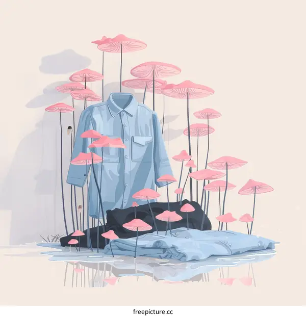 Blue Shirt, Black Pants, Pink Coral Mushrooms