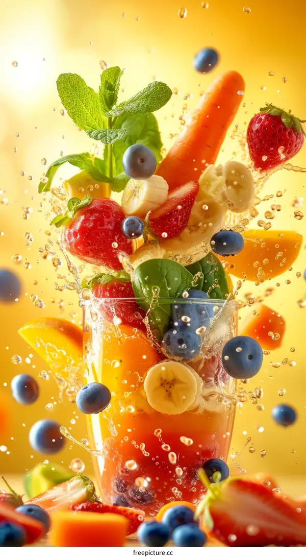 Flying fruits and vegetables with water splash