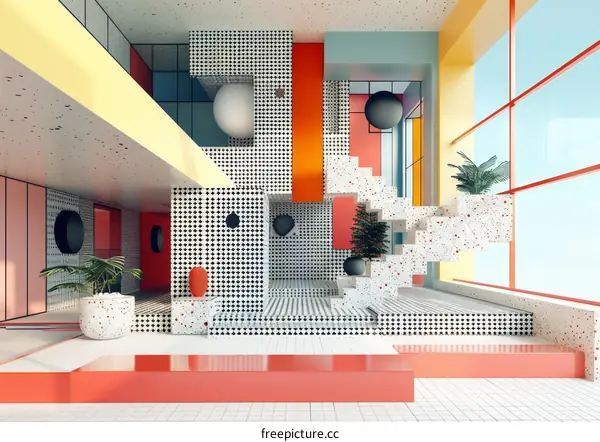 Memphis style geometric shapes colorful 3D interior design