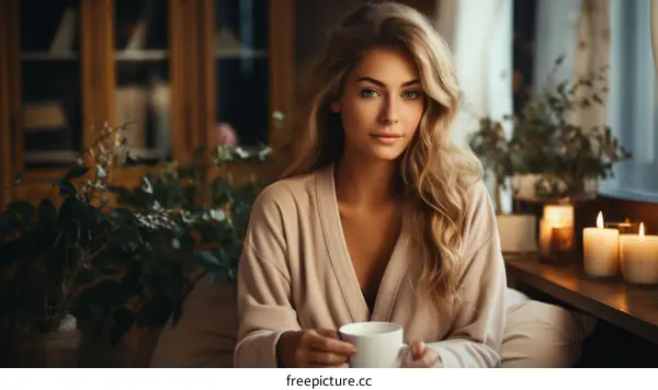 Elegant Blonde Woman in Bathrobe with Cup of Tea Relaxes at Home