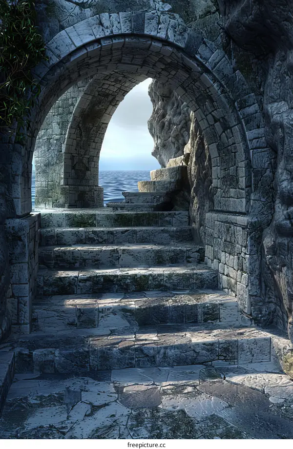 Stone archway leading to an ocean