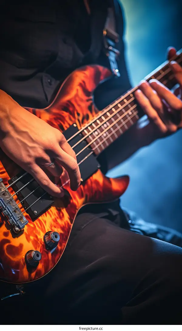 Close up of an unrecognizable person playing an electric bass guitar with orange body and black fretboard