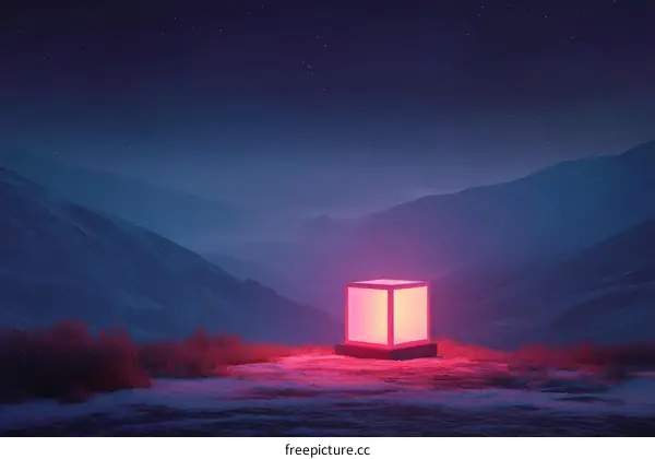 Neon Light Box in a Mountainous Landscape at Night