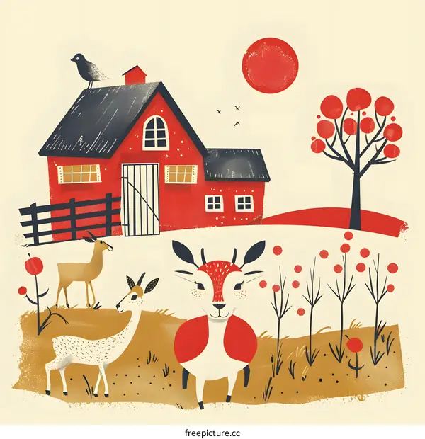 Red Barn with Deer and Sun Illustration