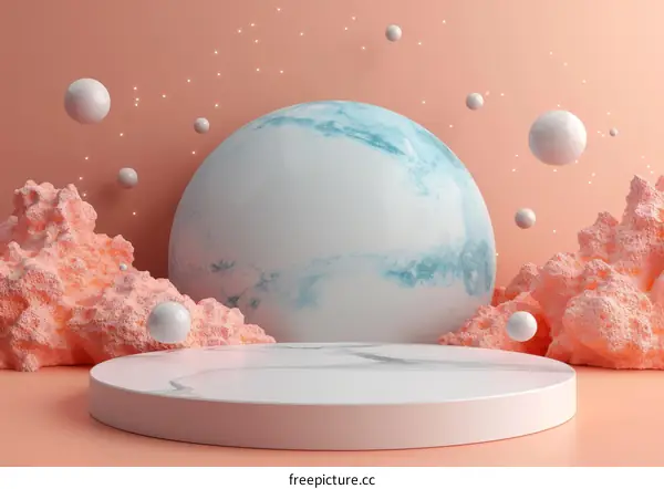 Abstract Background With Marble Podium And Pink Rocks