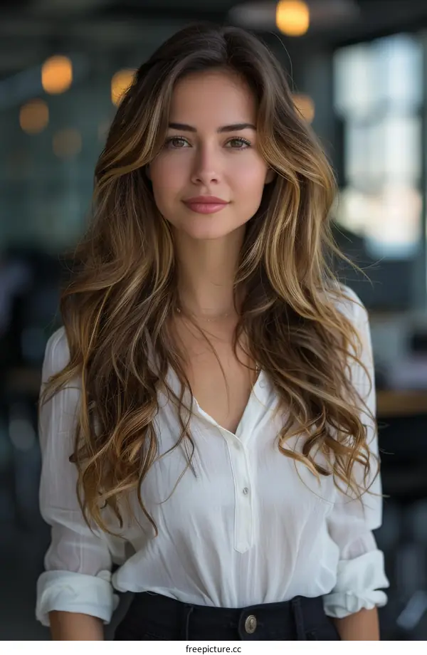 portrait of a beautiful young woman with long brown hair wearing a white blouse