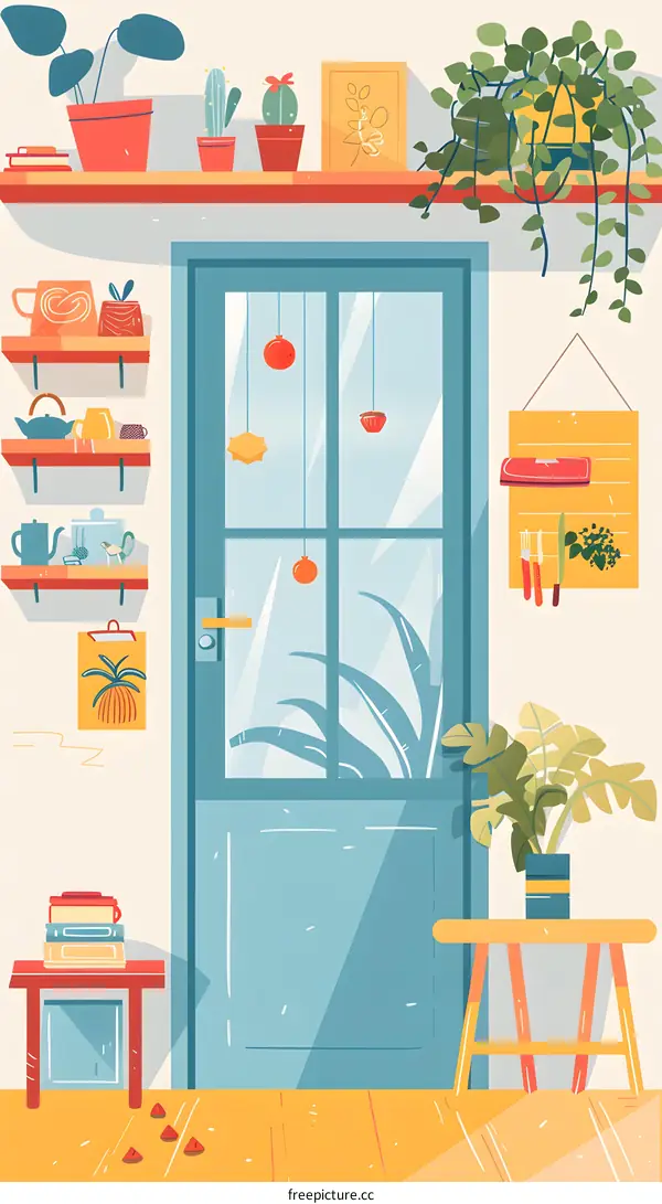 Simple Interior Design with Door, Books and Plants