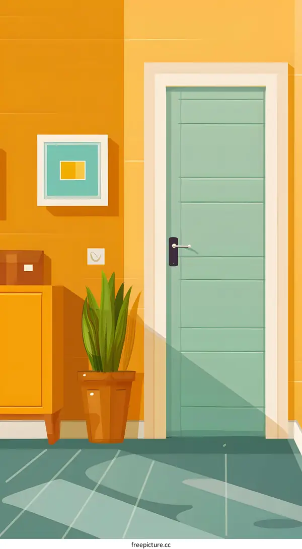 Green Door and Plant Interior Design Illustration