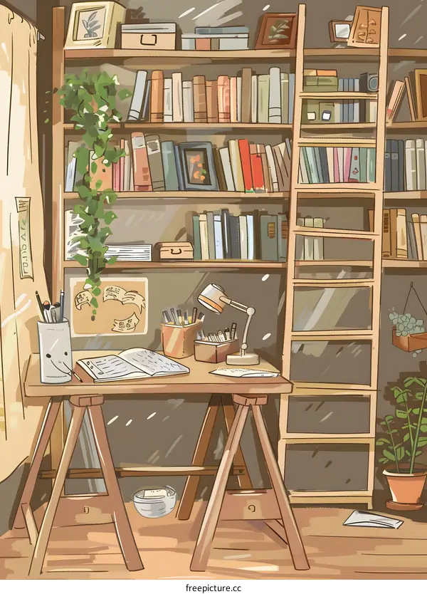 Study Desk With Bookshelf and Ladder