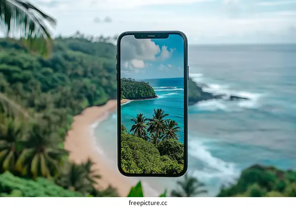 Smartphone Displaying a Beautiful Beach View