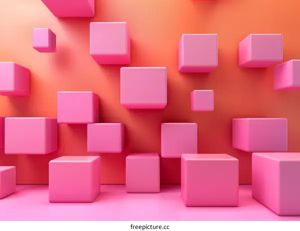 Pink cubes in different sizes floating in front of a pink wall
