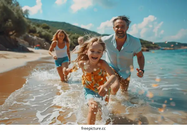 Family of four running on the beach