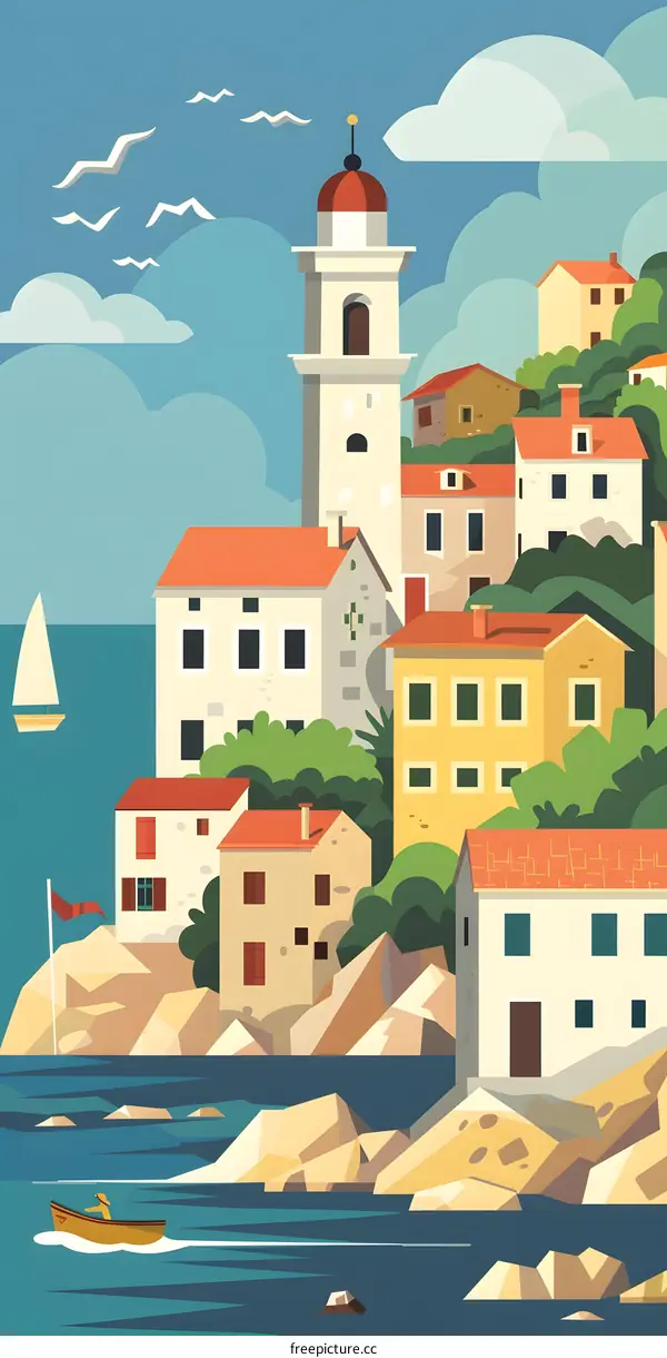 Colorful Mediterranean Village with Bell Tower and Sailboat