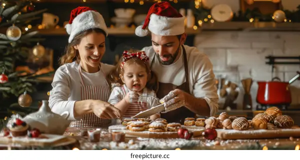 Family baking Christmas cookies in the kitchen