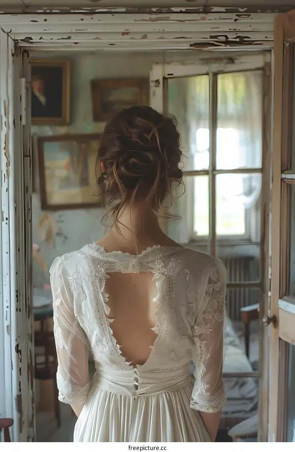 Vintage Portrait of a Woman in a White Dress